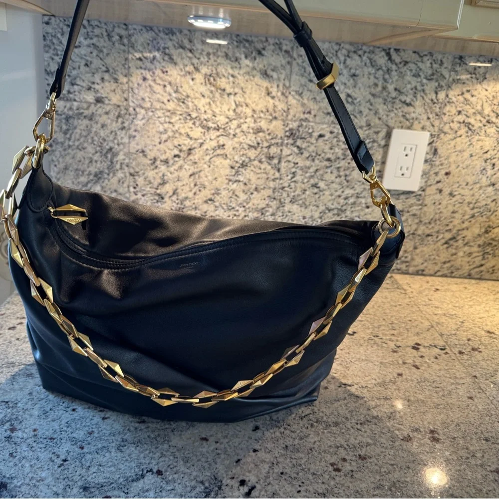 Jimmy Choo Black Hobo Bag with Gold Chain